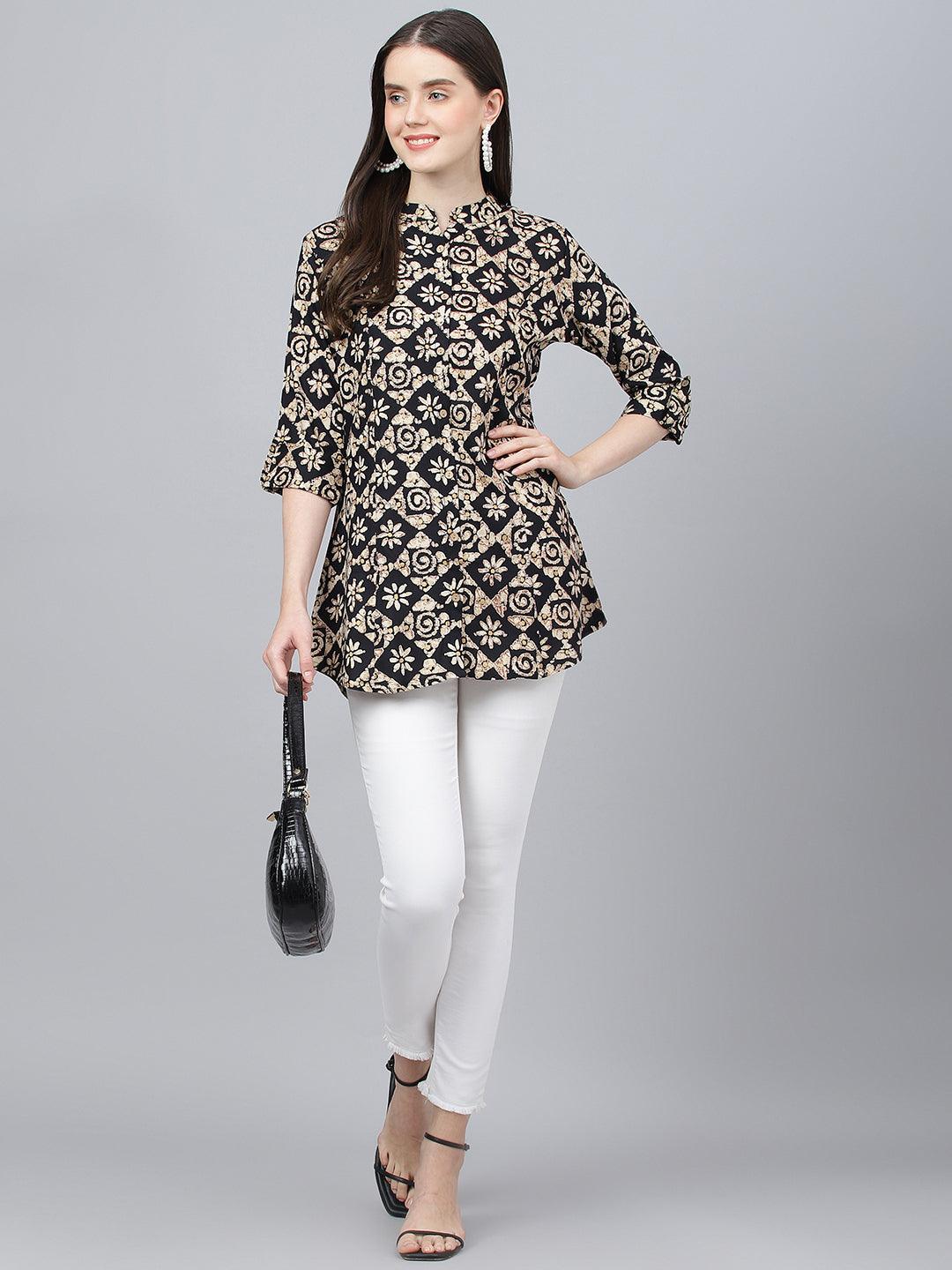  Black Floral printed Rayon A-line Shirts Style Top -  world