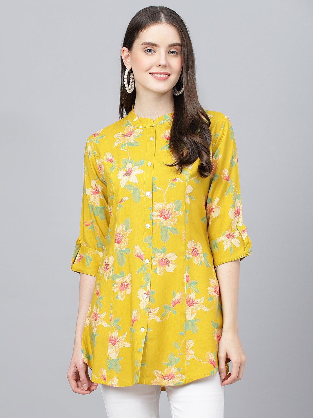  Yellow Floral printed Rayon A-line Shirts Style Top -  world