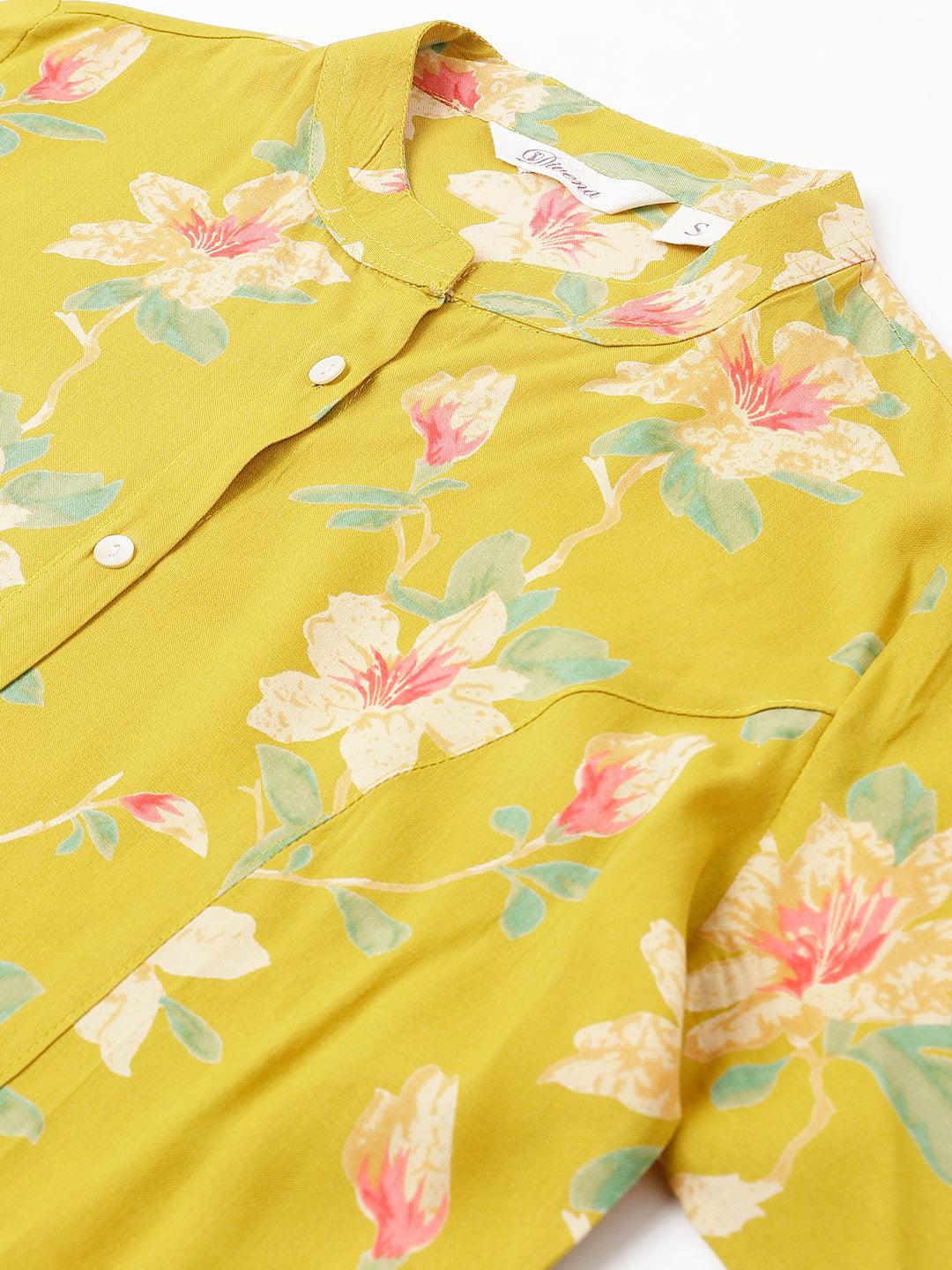  Yellow Floral printed Rayon A-line Shirts Style Top -  world