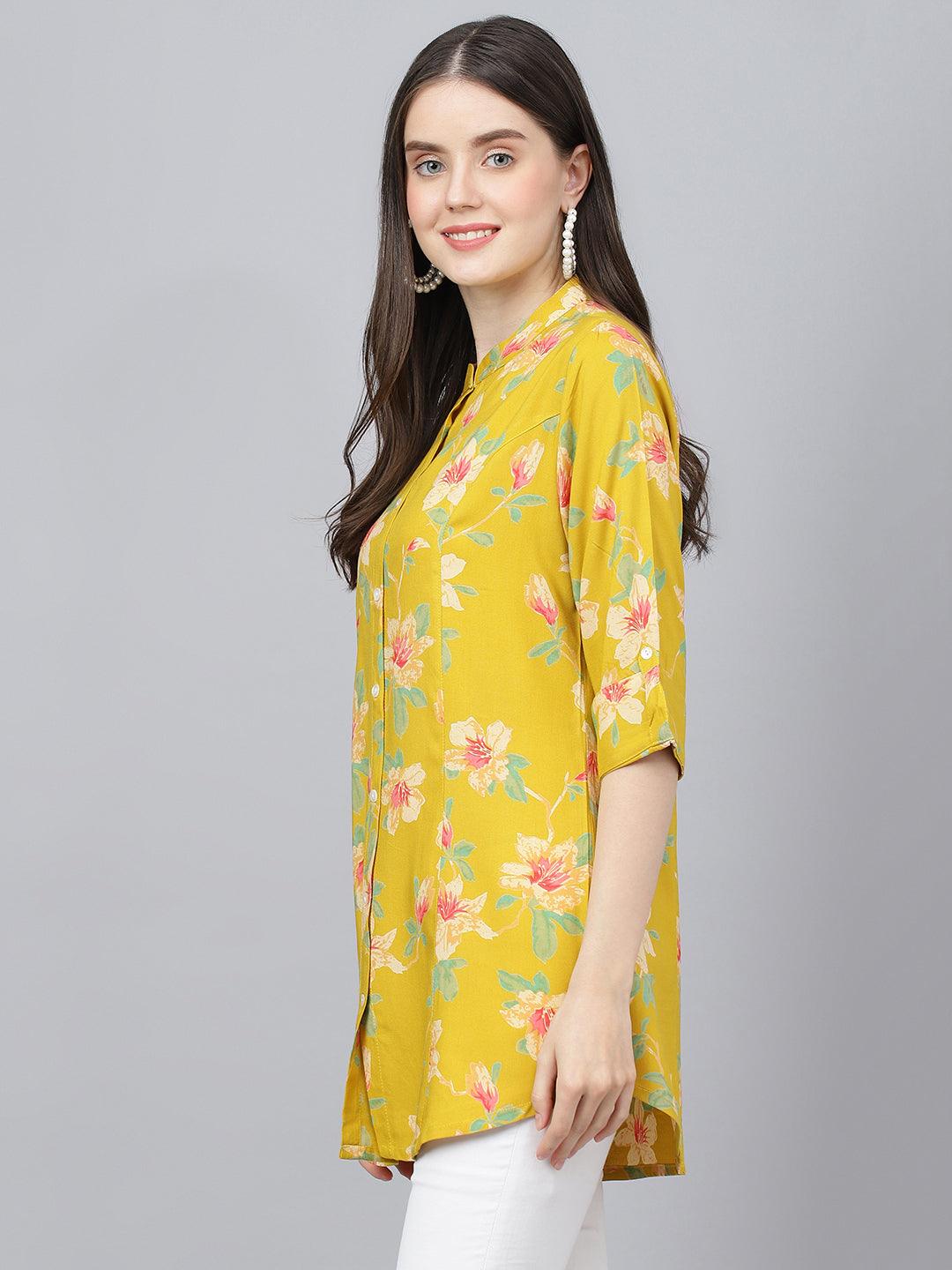  Yellow Floral printed Rayon A-line Shirts Style Top -  world