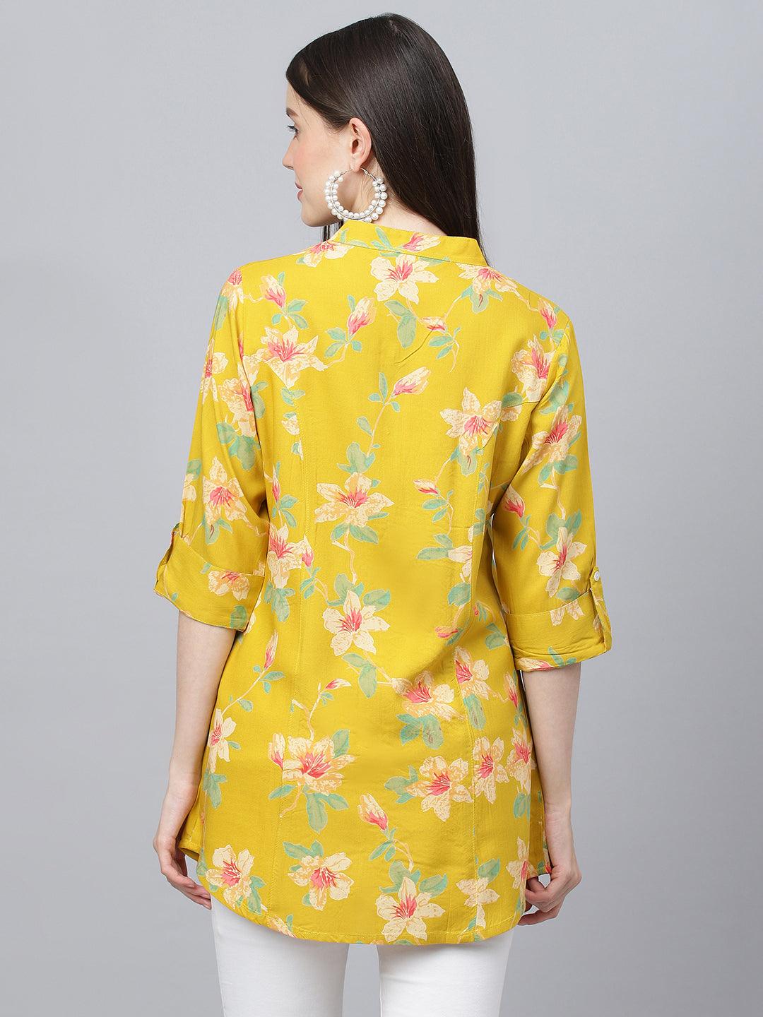  Yellow Floral printed Rayon A-line Shirts Style Top -  world