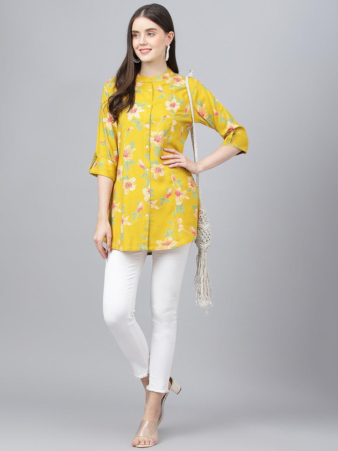  Yellow Floral printed Rayon A-line Shirts Style Top -  world