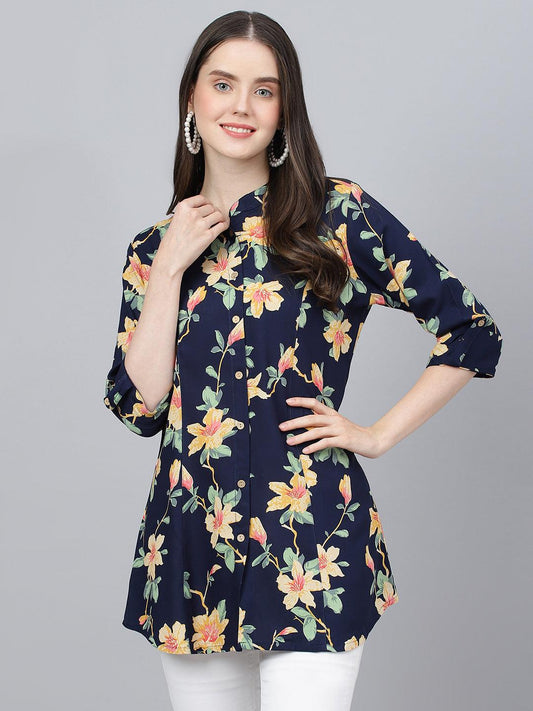  Navy Blue Floral printed Rayon A-line Shirts Style Top -  world