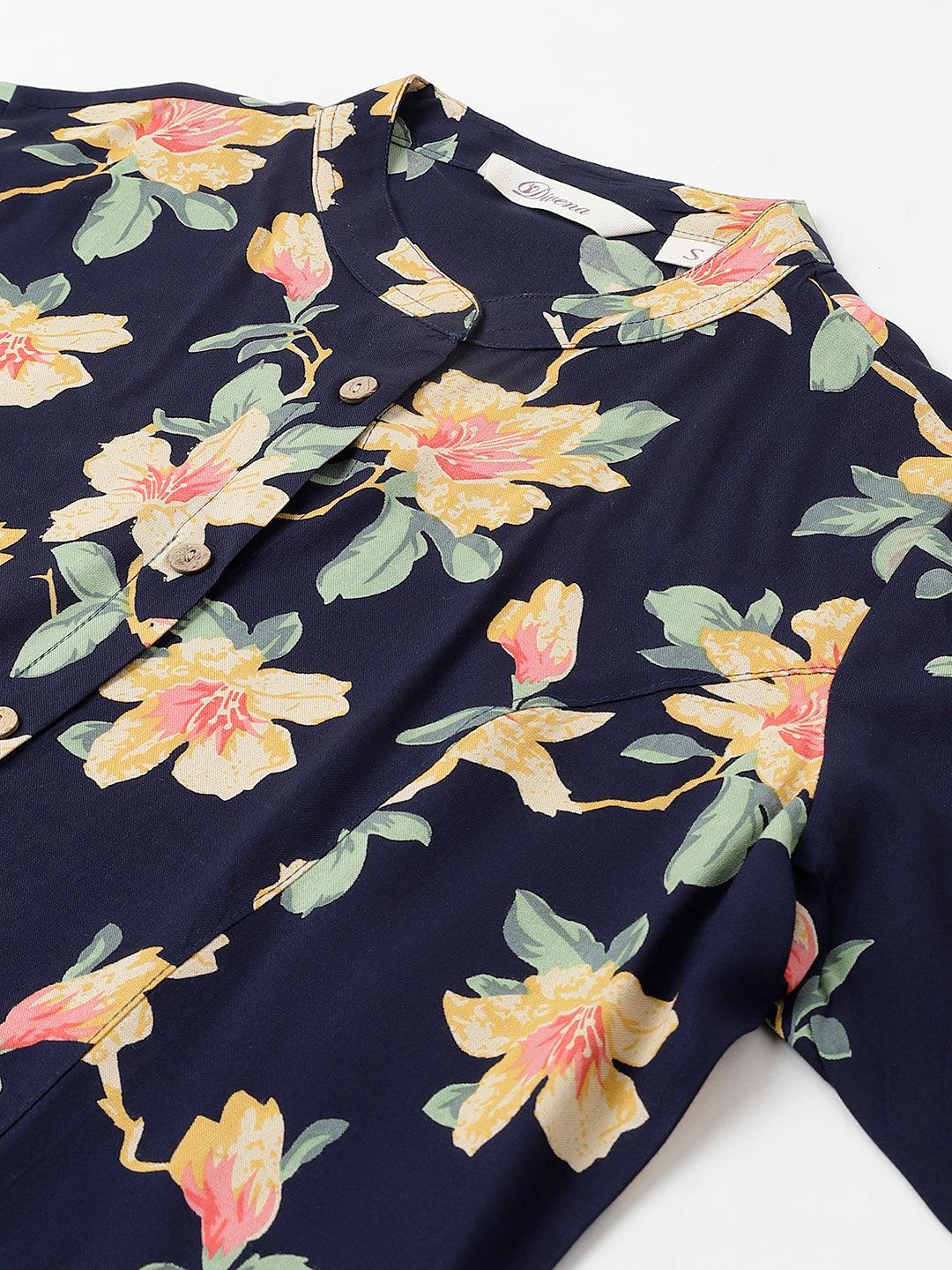  Navy Blue Floral printed Rayon A-line Shirts Style Top -  world