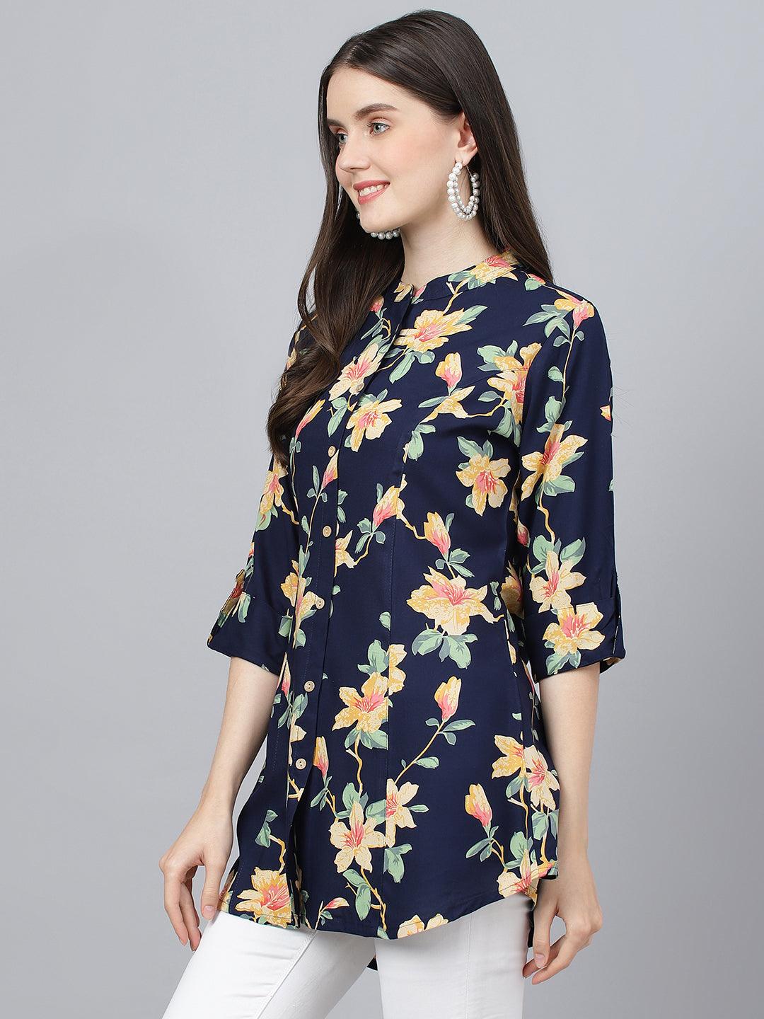  Navy Blue Floral printed Rayon A-line Shirts Style Top -  world