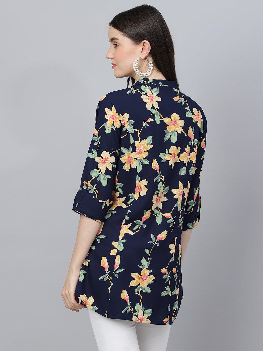  Navy Blue Floral printed Rayon A-line Shirts Style Top -  world