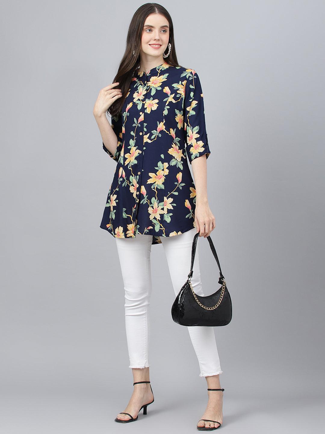  Navy Blue Floral printed Rayon A-line Shirts Style Top -  world