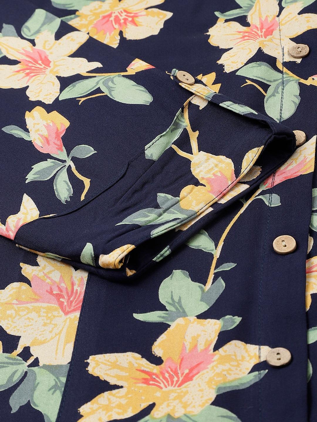  Navy Blue Floral printed Rayon A-line Shirts Style Top -  world