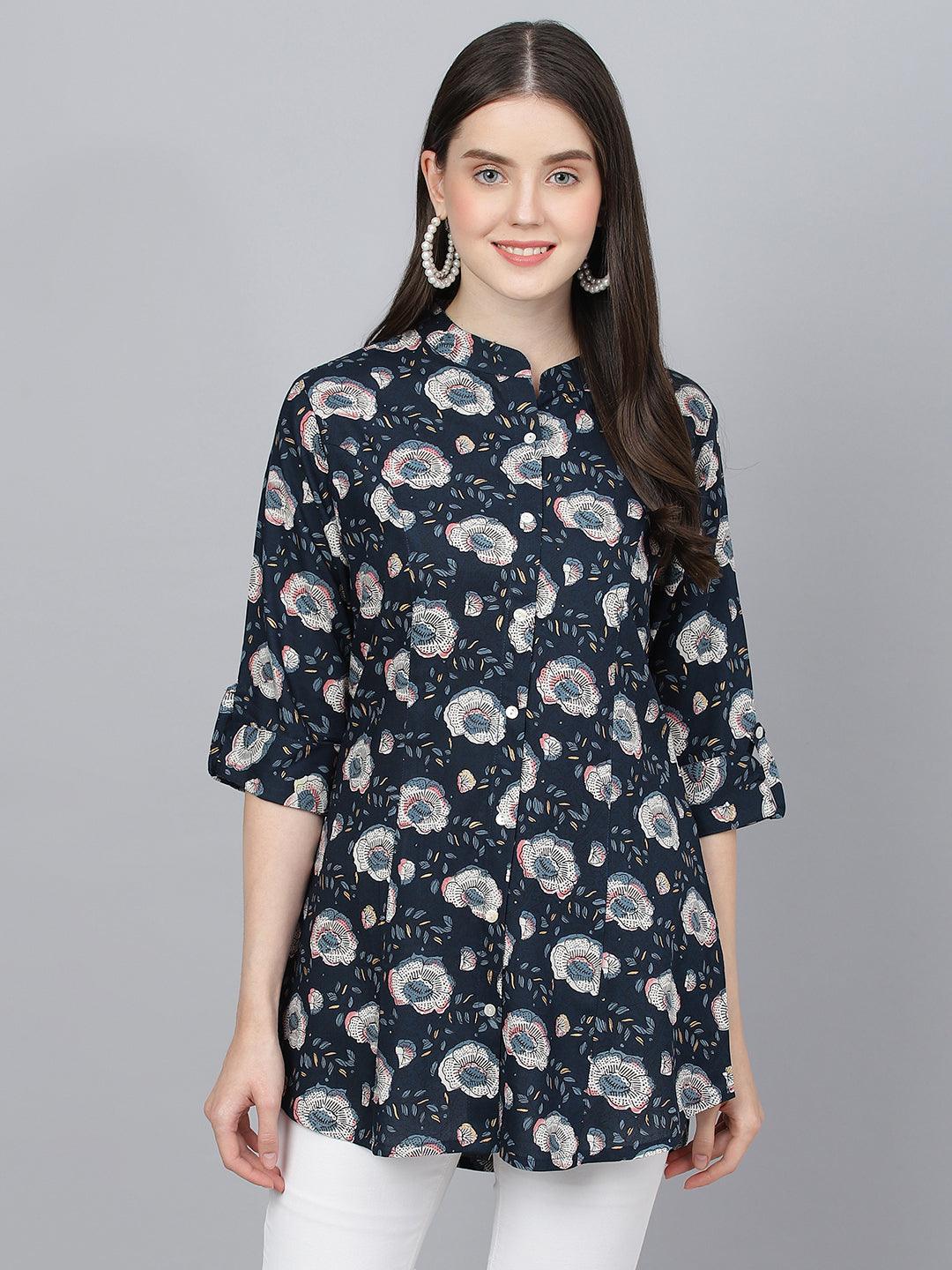  Blue Floral printed Rayon A-line Shirts Style Top -  world