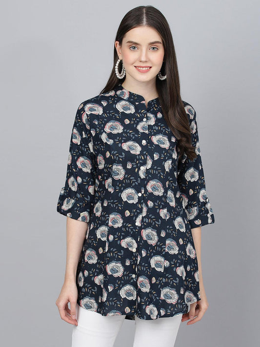  Blue Floral printed Rayon A-line Shirts Style Top -  world