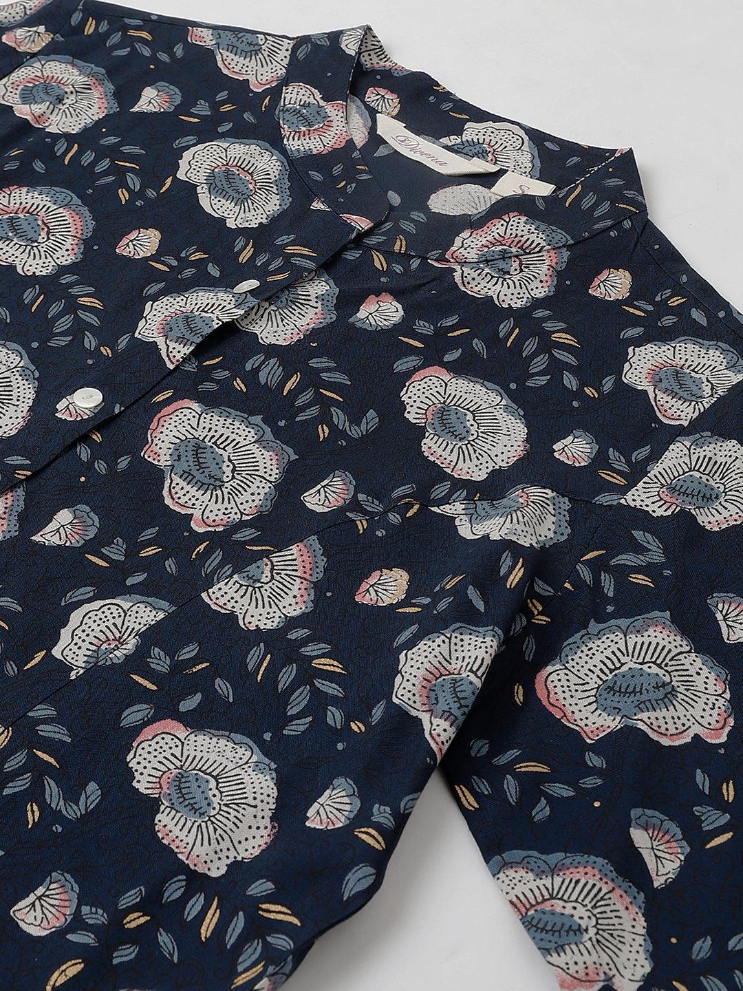  Blue Floral printed Rayon A-line Shirts Style Top -  world
