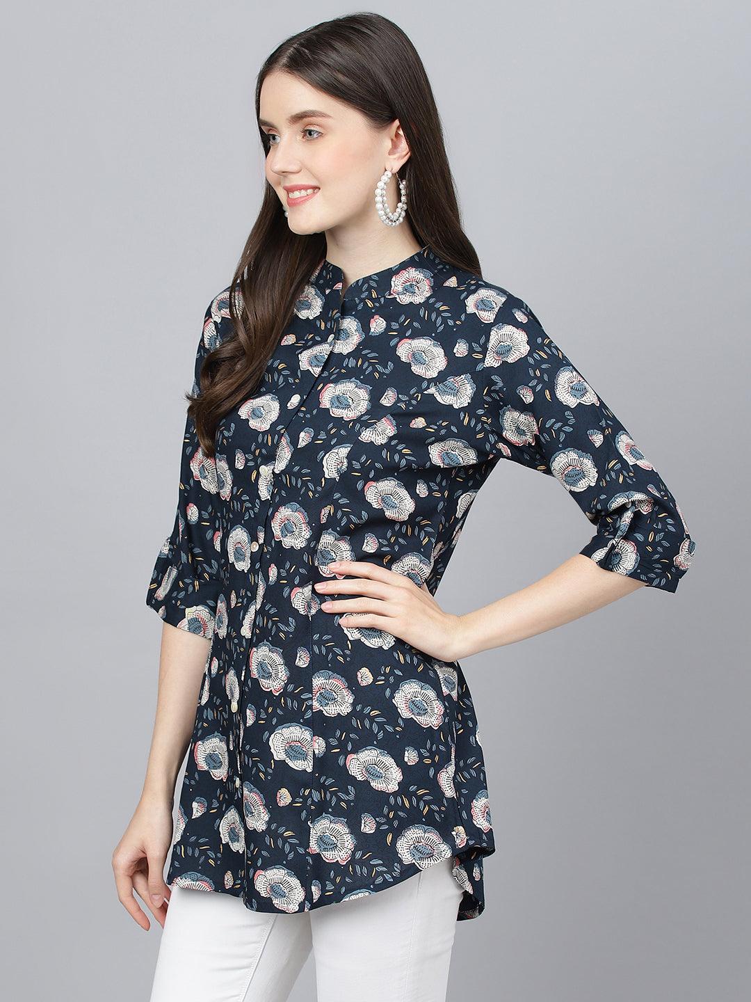  Blue Floral printed Rayon A-line Shirts Style Top -  world
