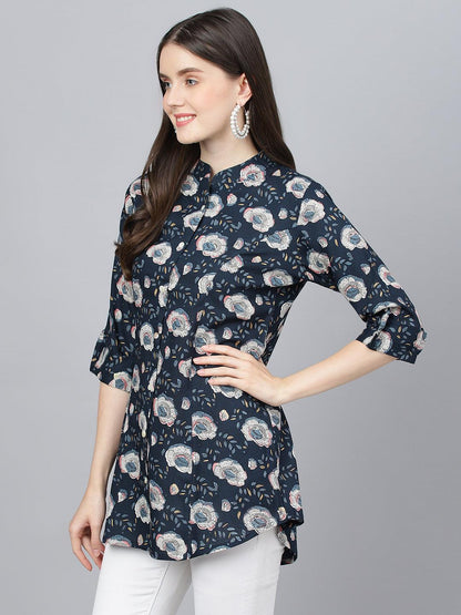  Blue Floral printed Rayon A-line Shirts Style Top -  world