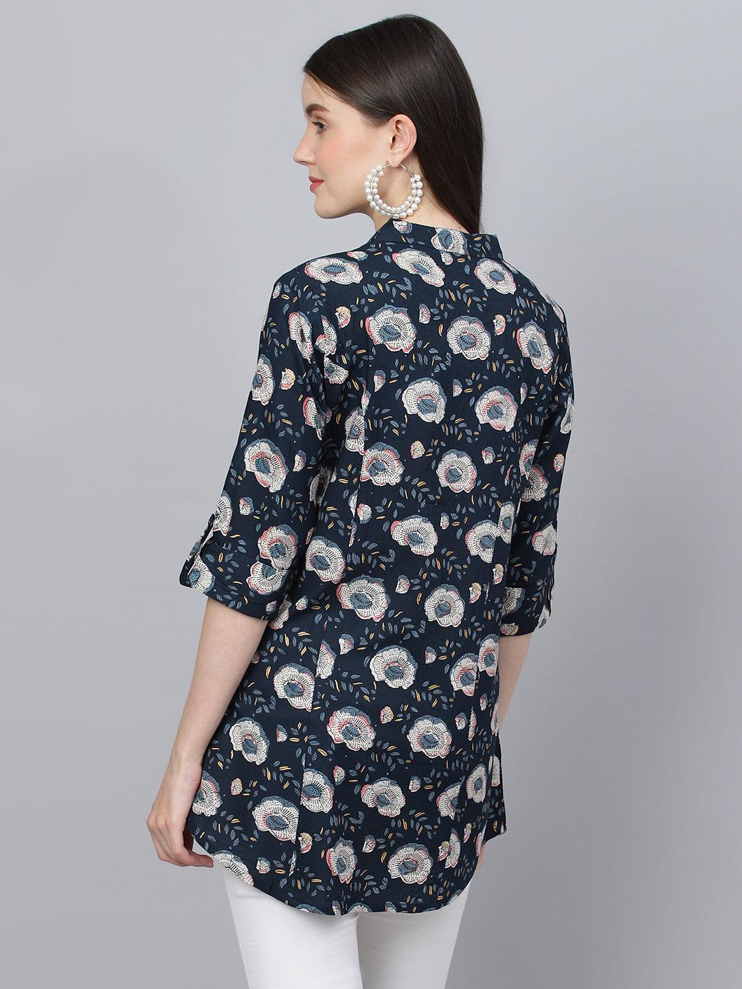  Blue Floral printed Rayon A-line Shirts Style Top -  world