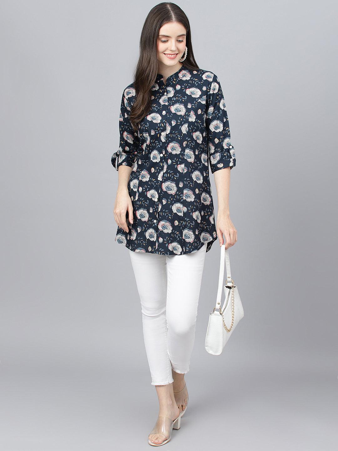  Blue Floral printed Rayon A-line Shirts Style Top -  world
