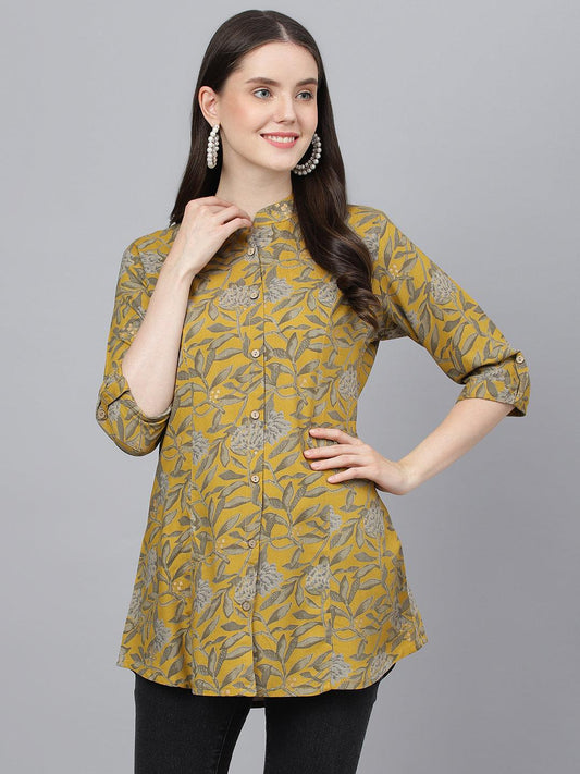  Mustard Floral printed Rayon A-line Shirts Style Top -  world