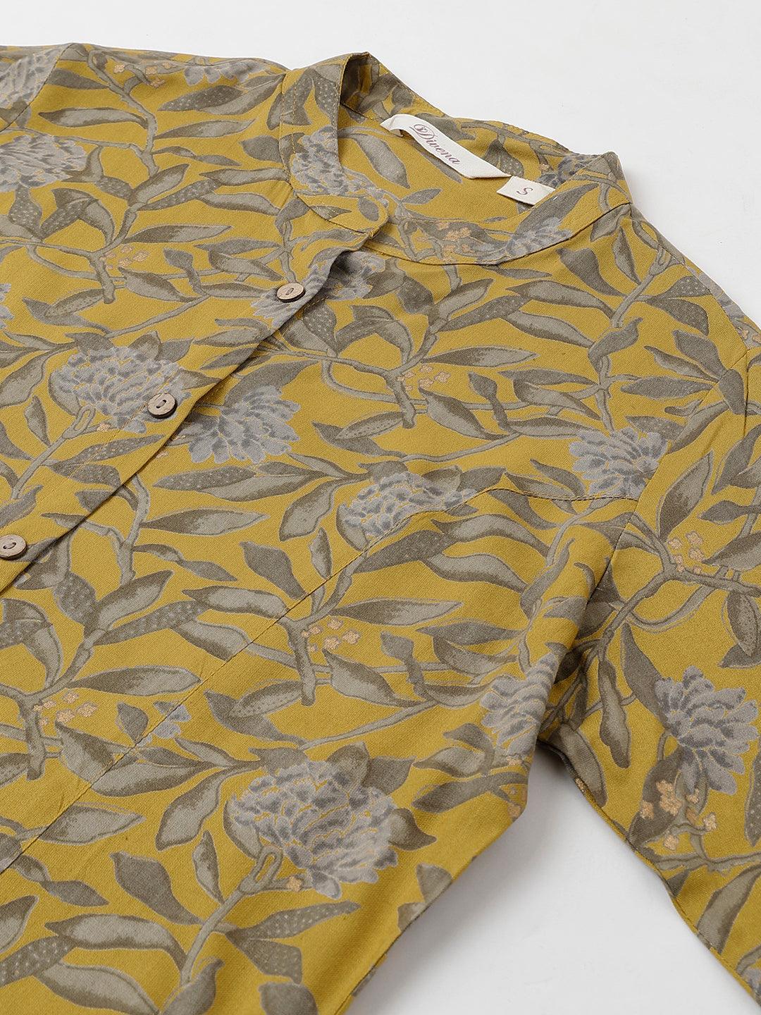  Mustard Floral printed Rayon A-line Shirts Style Top -  world