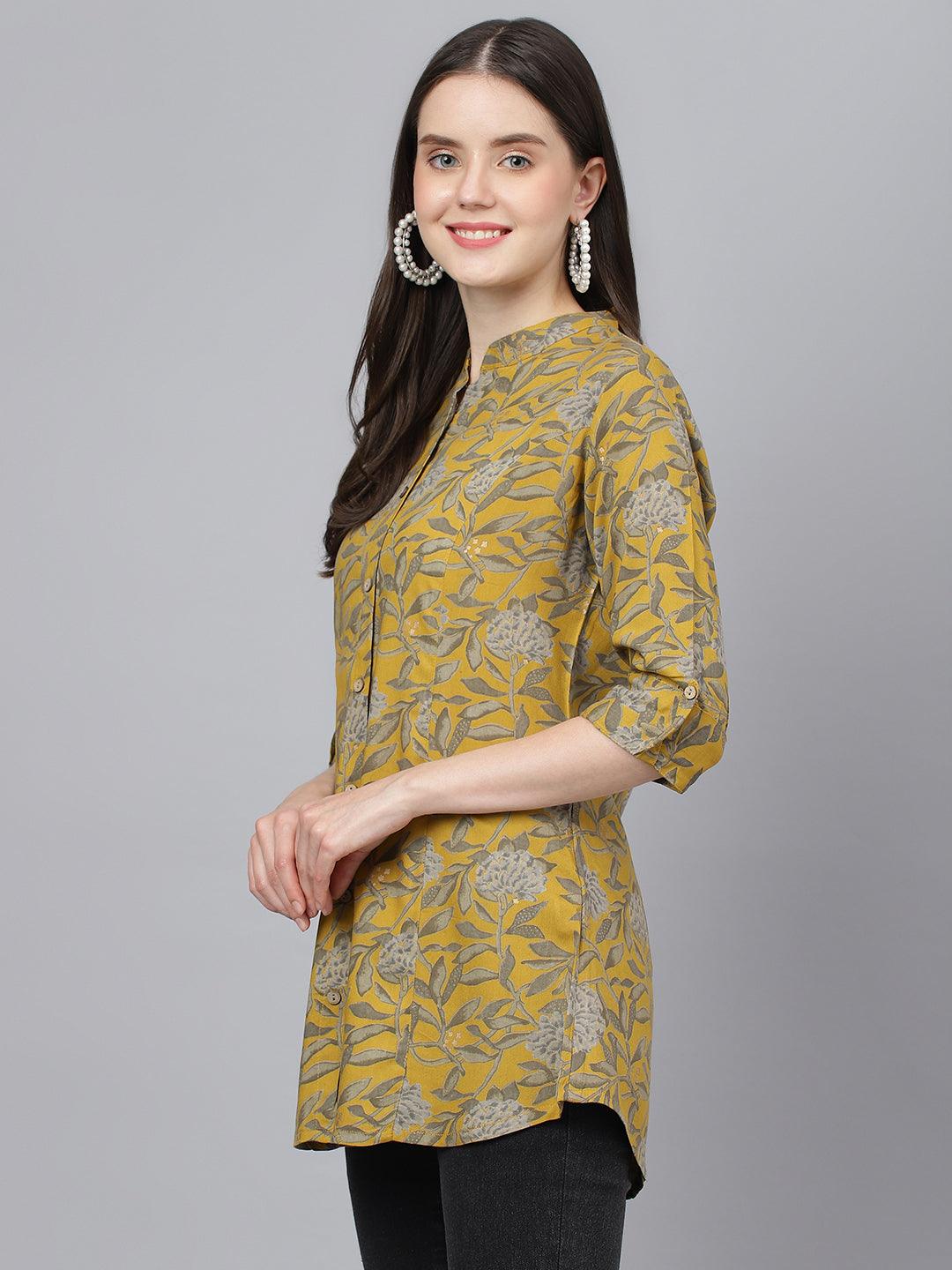  Mustard Floral printed Rayon A-line Shirts Style Top -  world