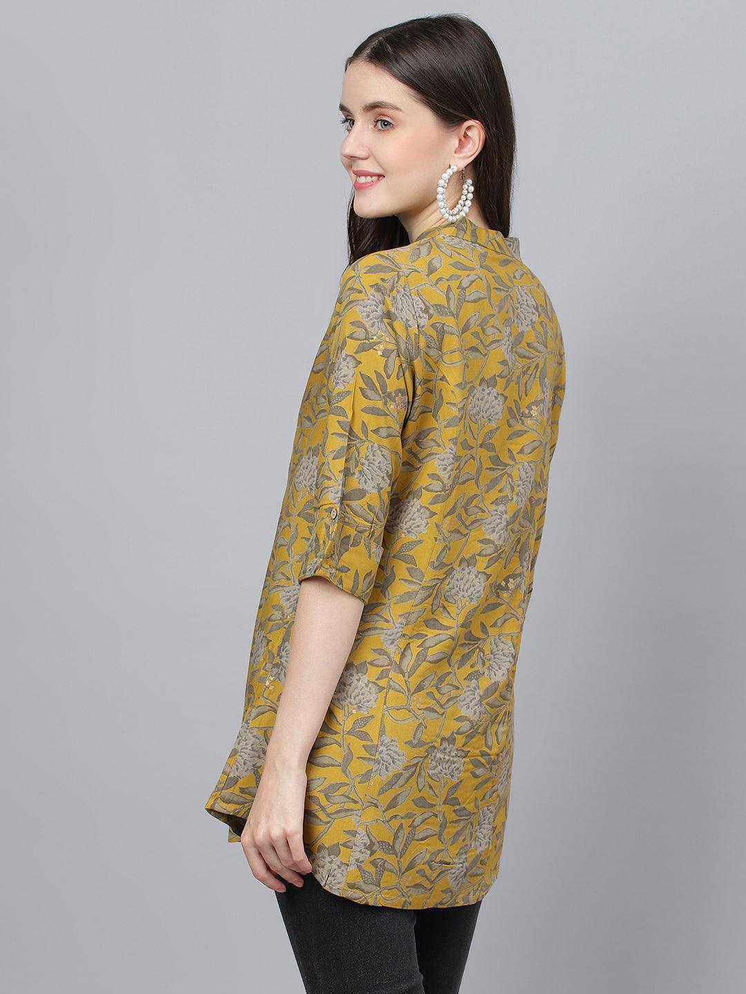  Mustard Floral printed Rayon A-line Shirts Style Top -  world