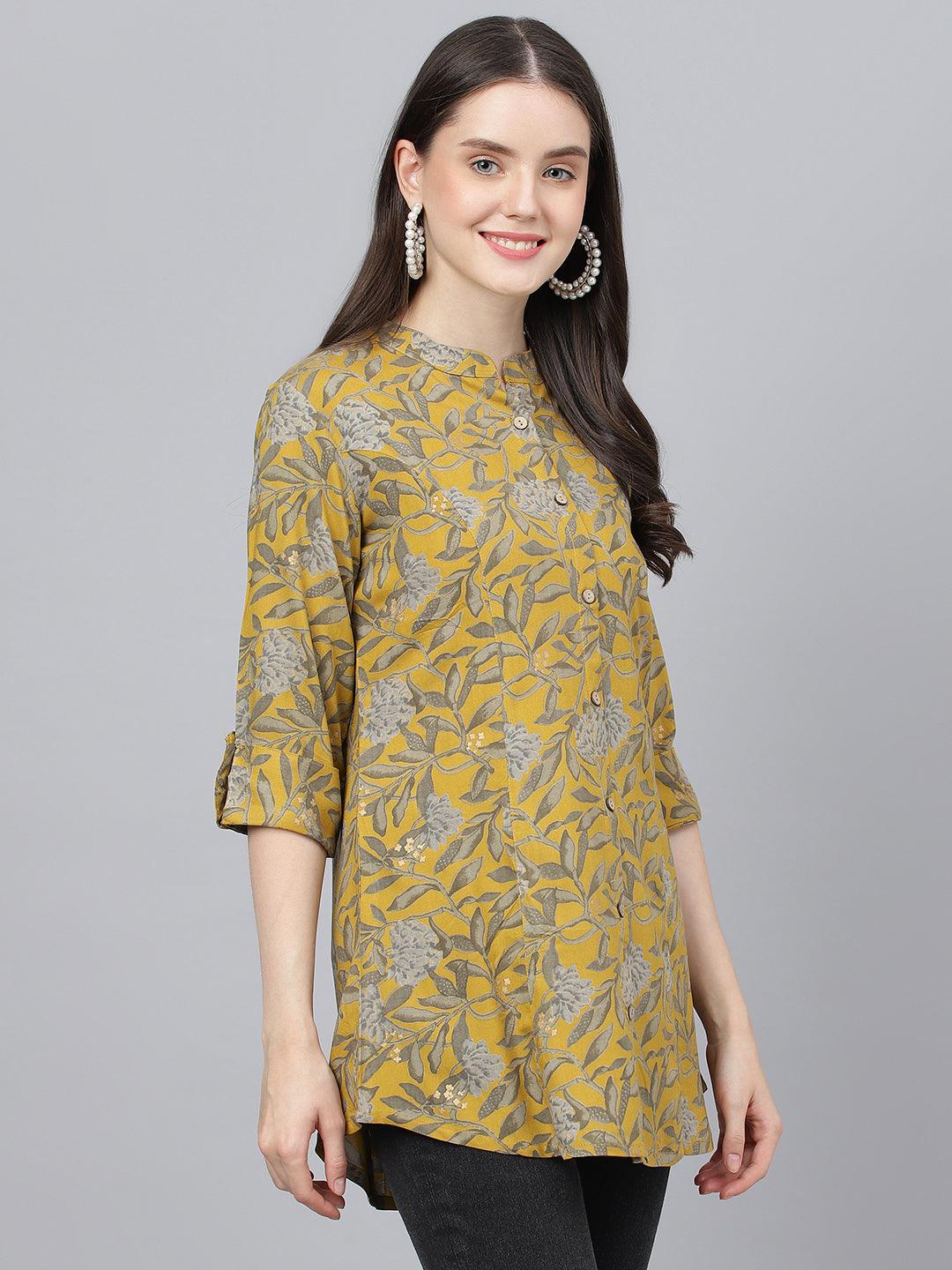  Mustard Floral printed Rayon A-line Shirts Style Top -  world