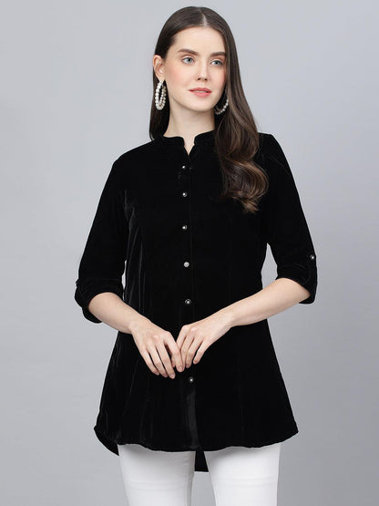  Black Solid Velvet A-line Shirts Style Top -  world