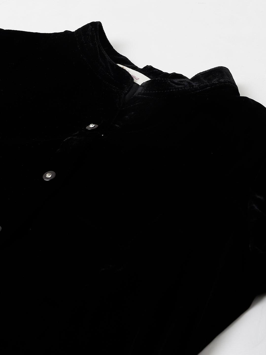  Black Solid Velvet A-line Shirts Style Top -  world