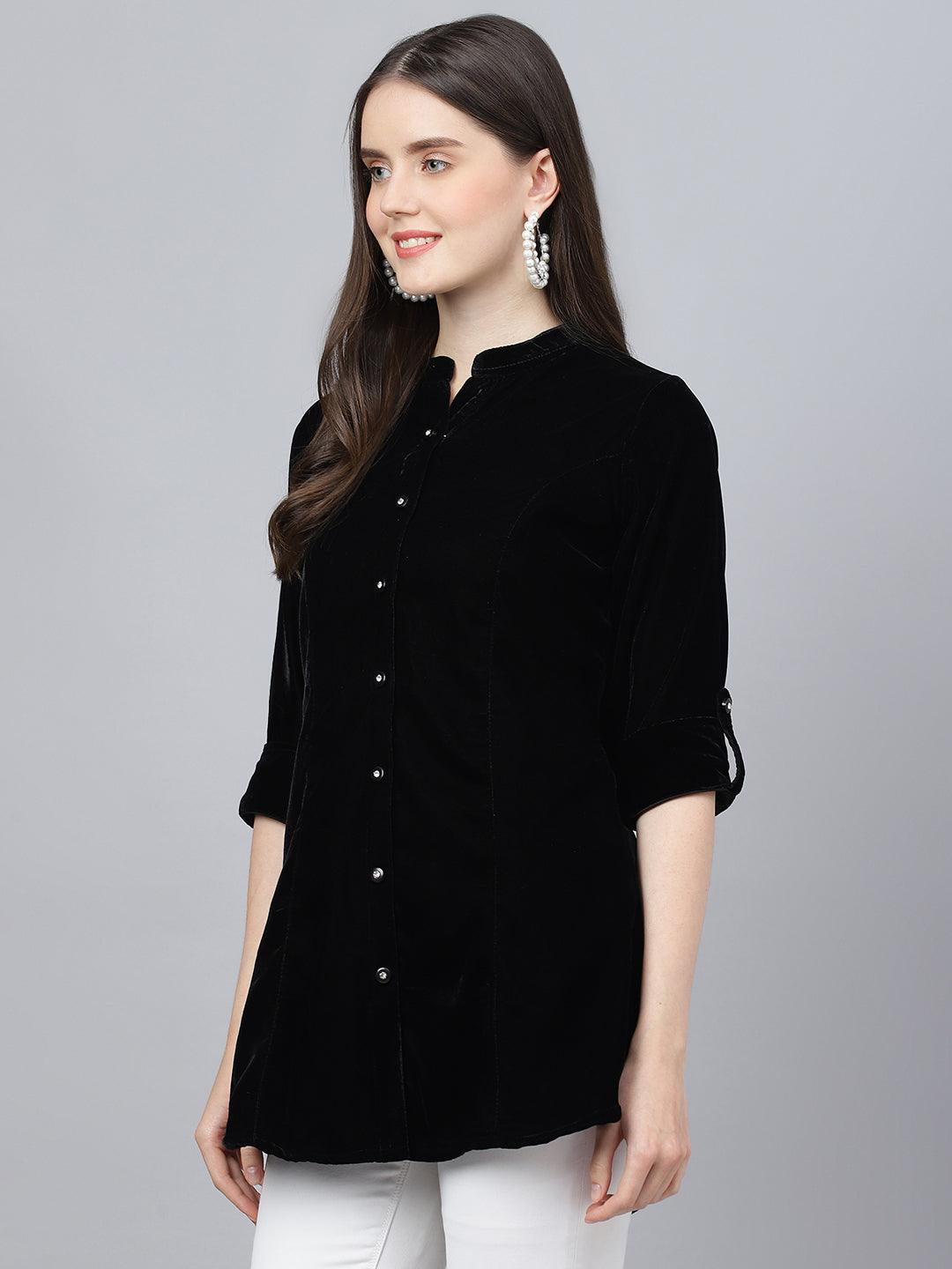  Black Solid Velvet A-line Shirts Style Top -  world