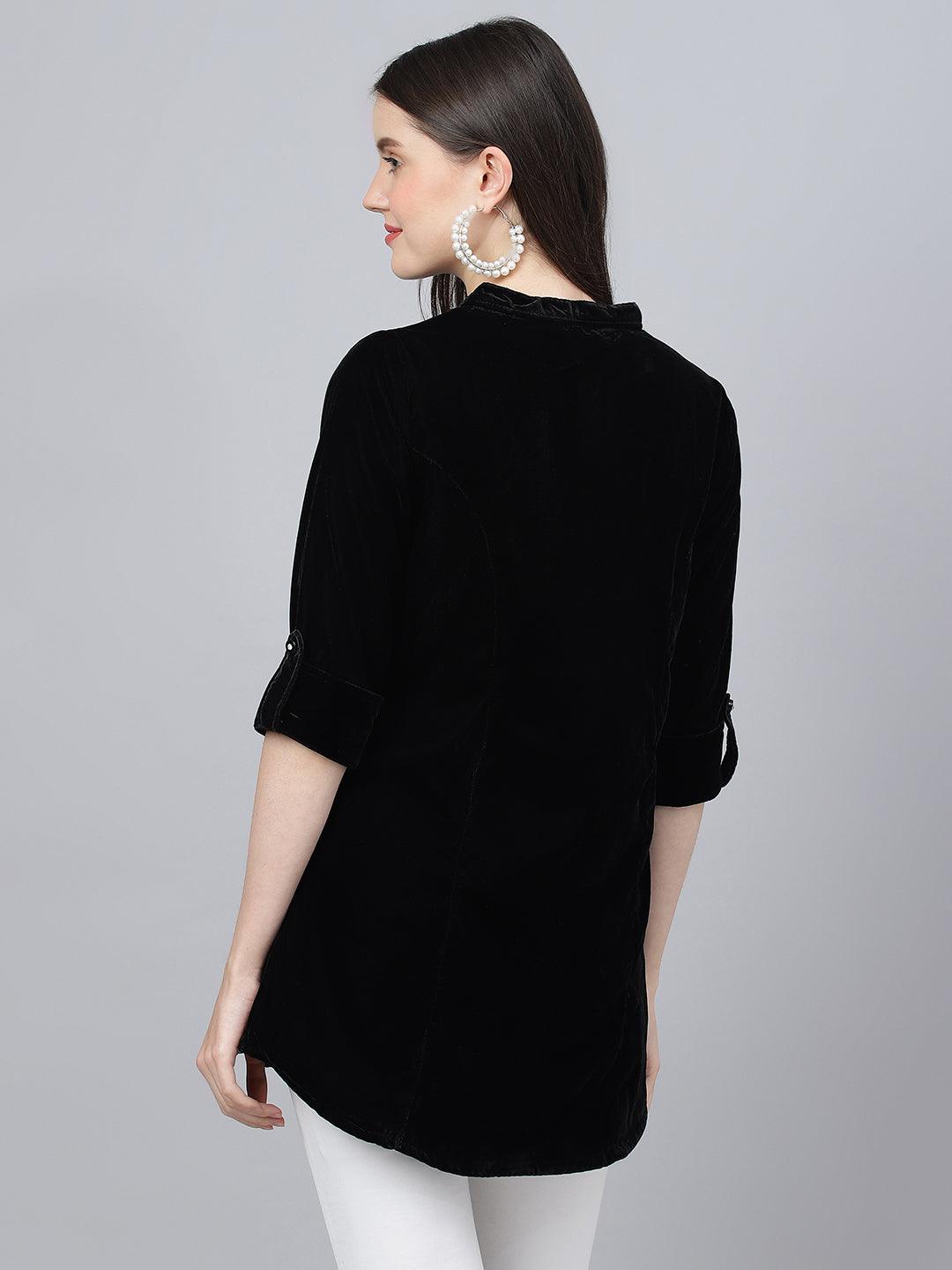  Black Solid Velvet A-line Shirts Style Top -  world