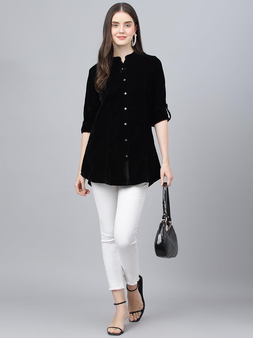  Black Solid Velvet A-line Shirts Style Top -  world