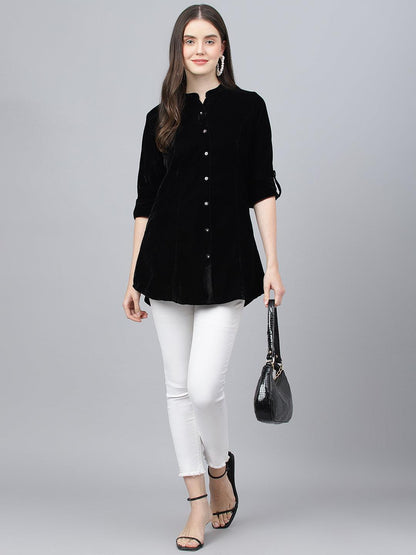  Black Solid Velvet A-line Shirts Style Top -  world