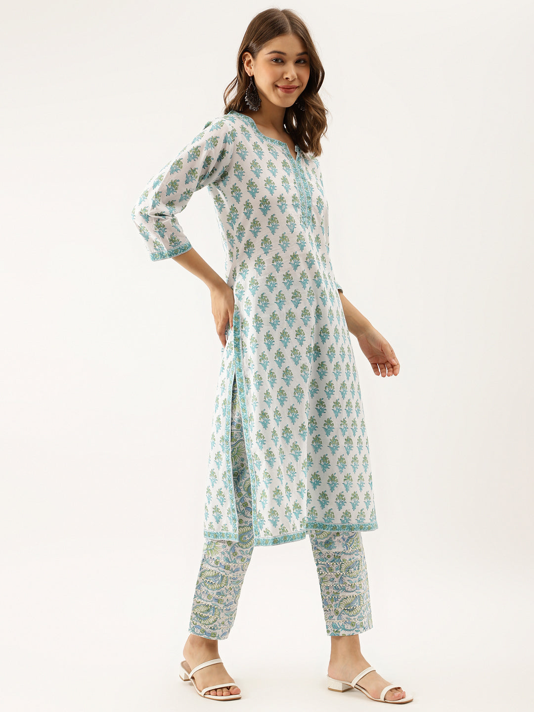 White Sea blue Handblock Floral Printed Cotton Kurta Set with Kota Doria Dupatta