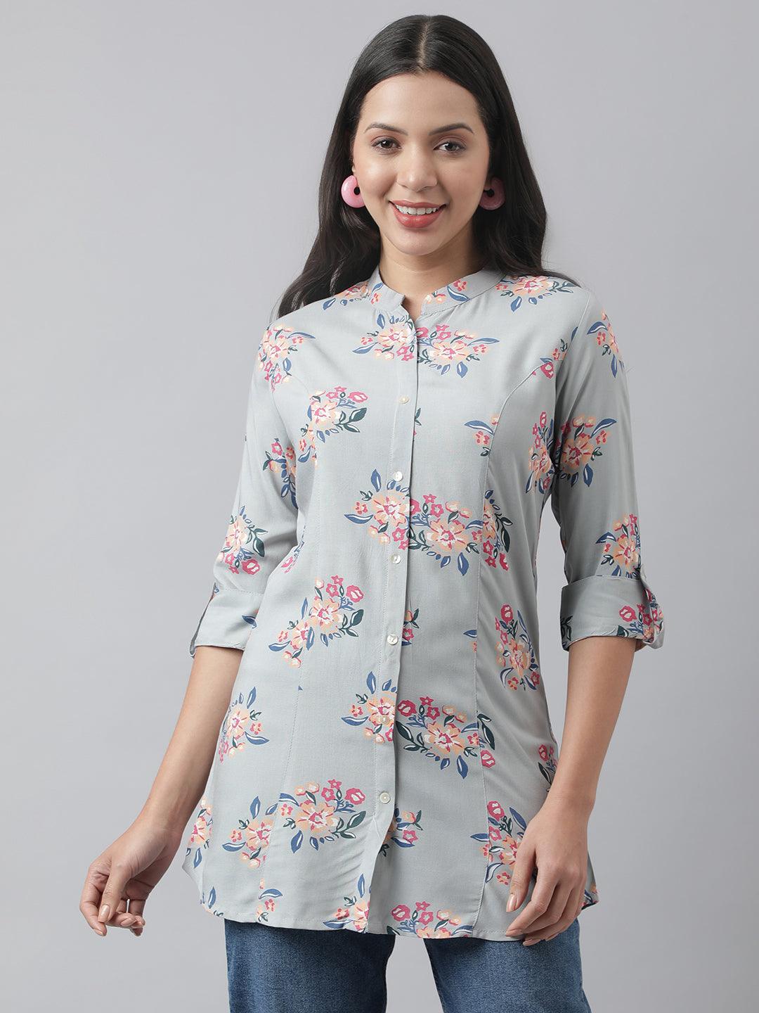  Gray Floral Printed Rayon A-line Shirt Style Top -  world