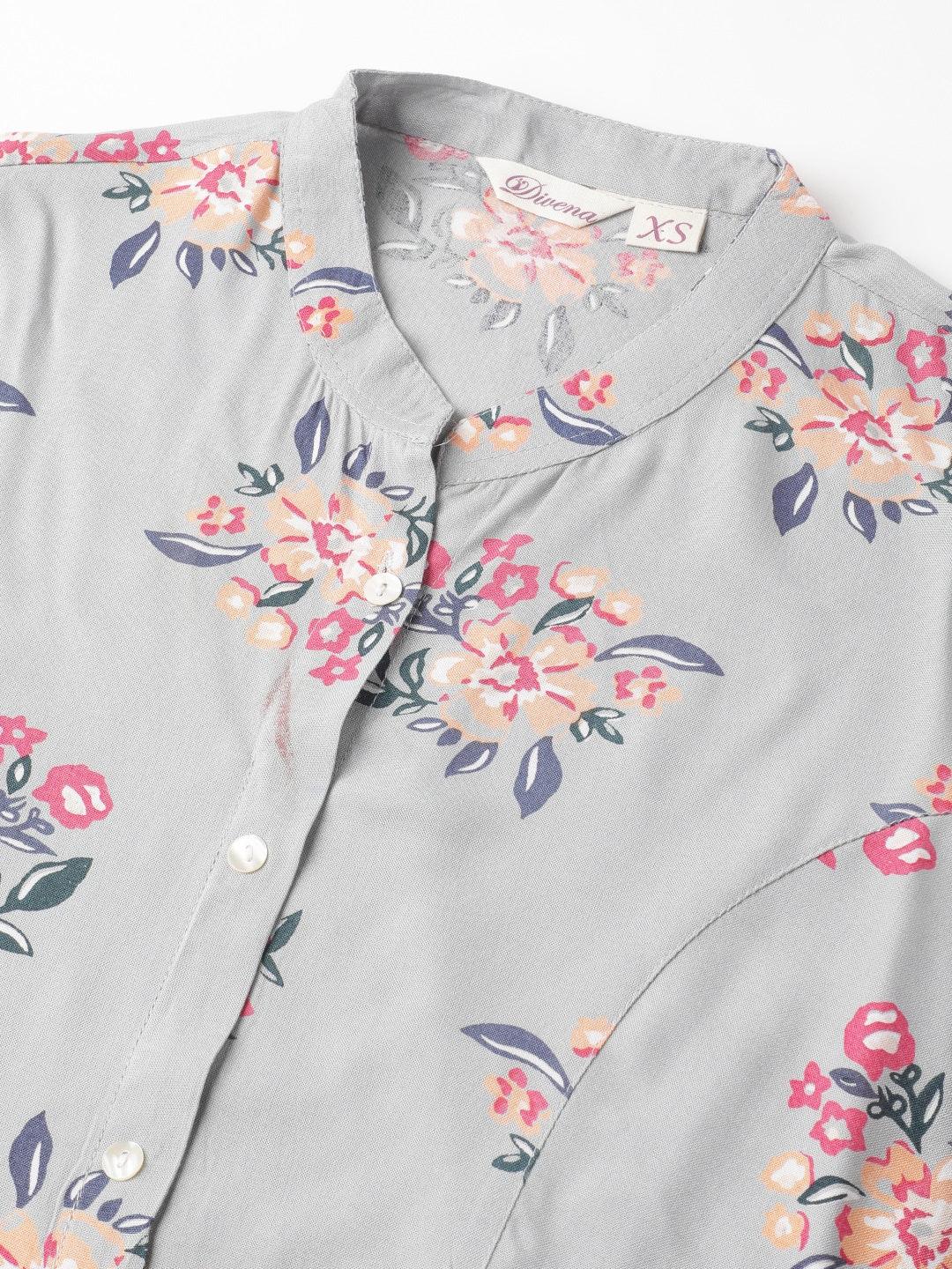  Gray Floral Printed Rayon A-line Shirt Style Top -  world