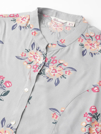  Gray Floral Printed Rayon A-line Shirt Style Top -  world