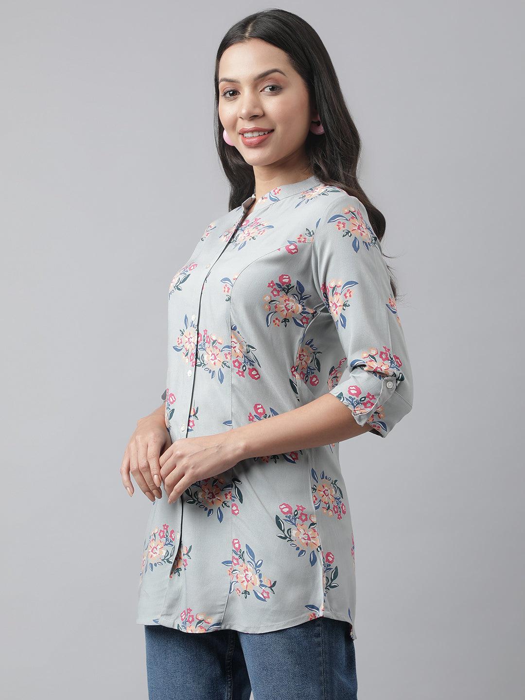  Gray Floral Printed Rayon A-line Shirt Style Top -  world