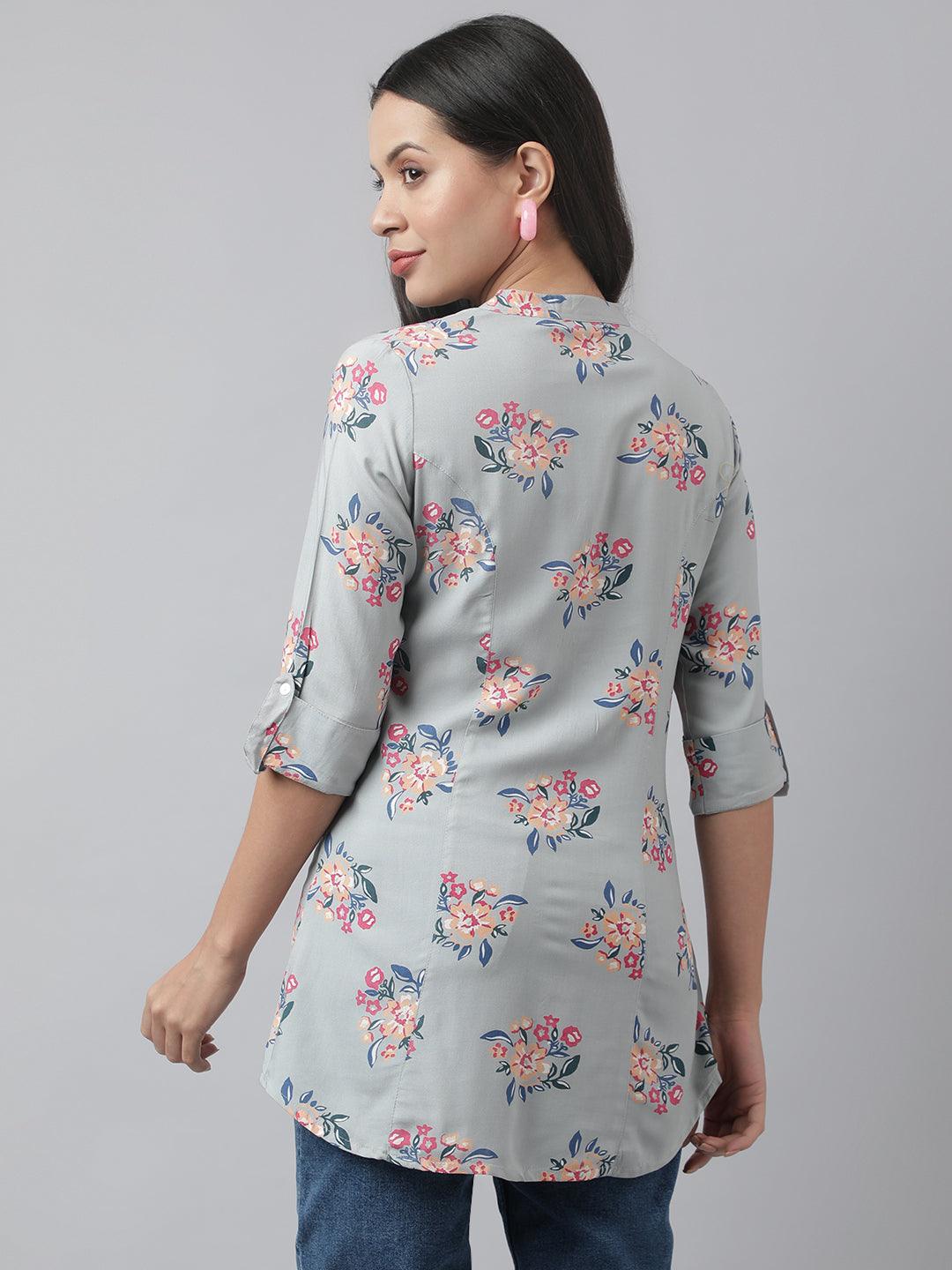  Gray Floral Printed Rayon A-line Shirt Style Top -  world