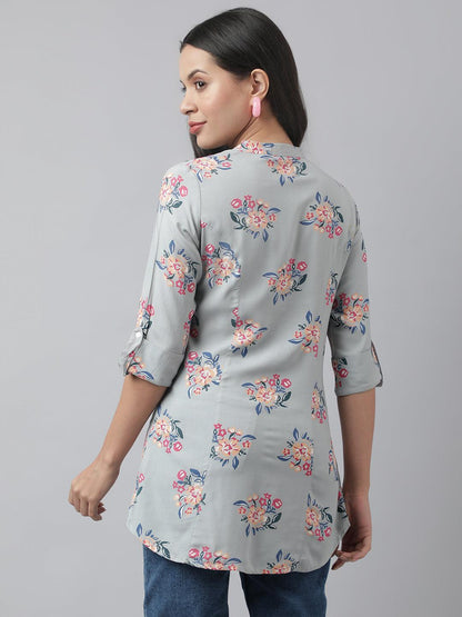  Gray Floral Printed Rayon A-line Shirt Style Top -  world
