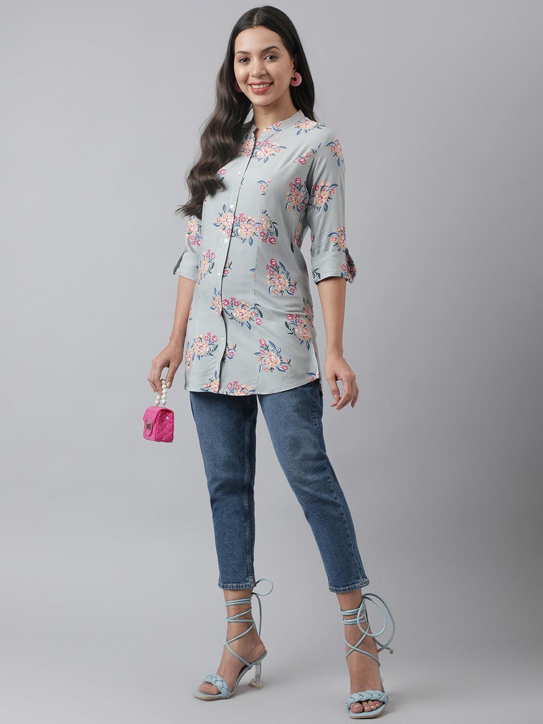  Gray Floral Printed Rayon A-line Shirt Style Top -  world