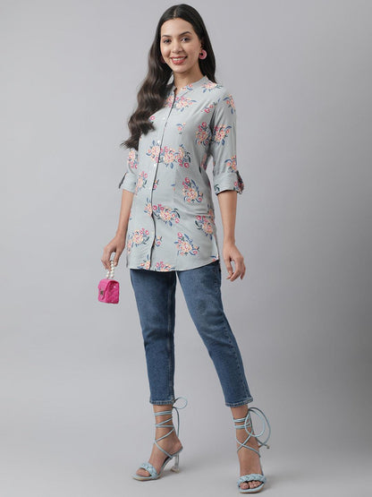  Gray Floral Printed Rayon A-line Shirt Style Top -  world