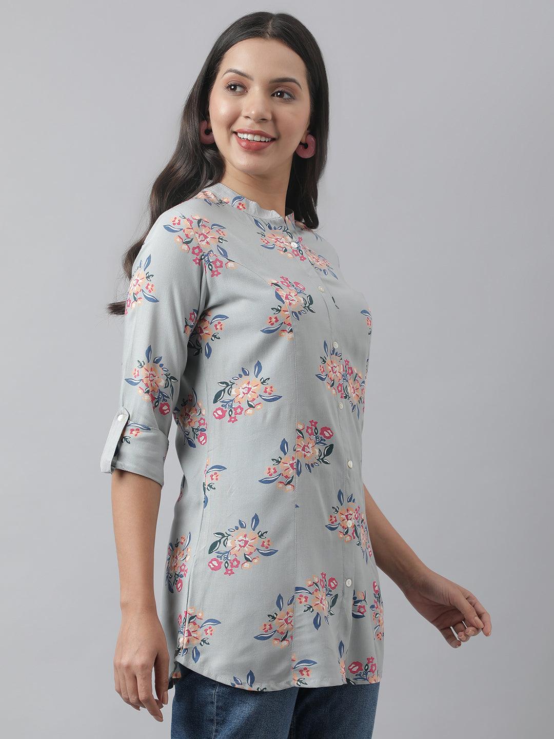 Gray Floral Printed Rayon A-line Shirt Style Top -  world