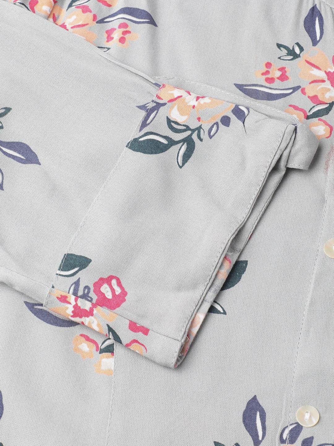  Gray Floral Printed Rayon A-line Shirt Style Top -  world