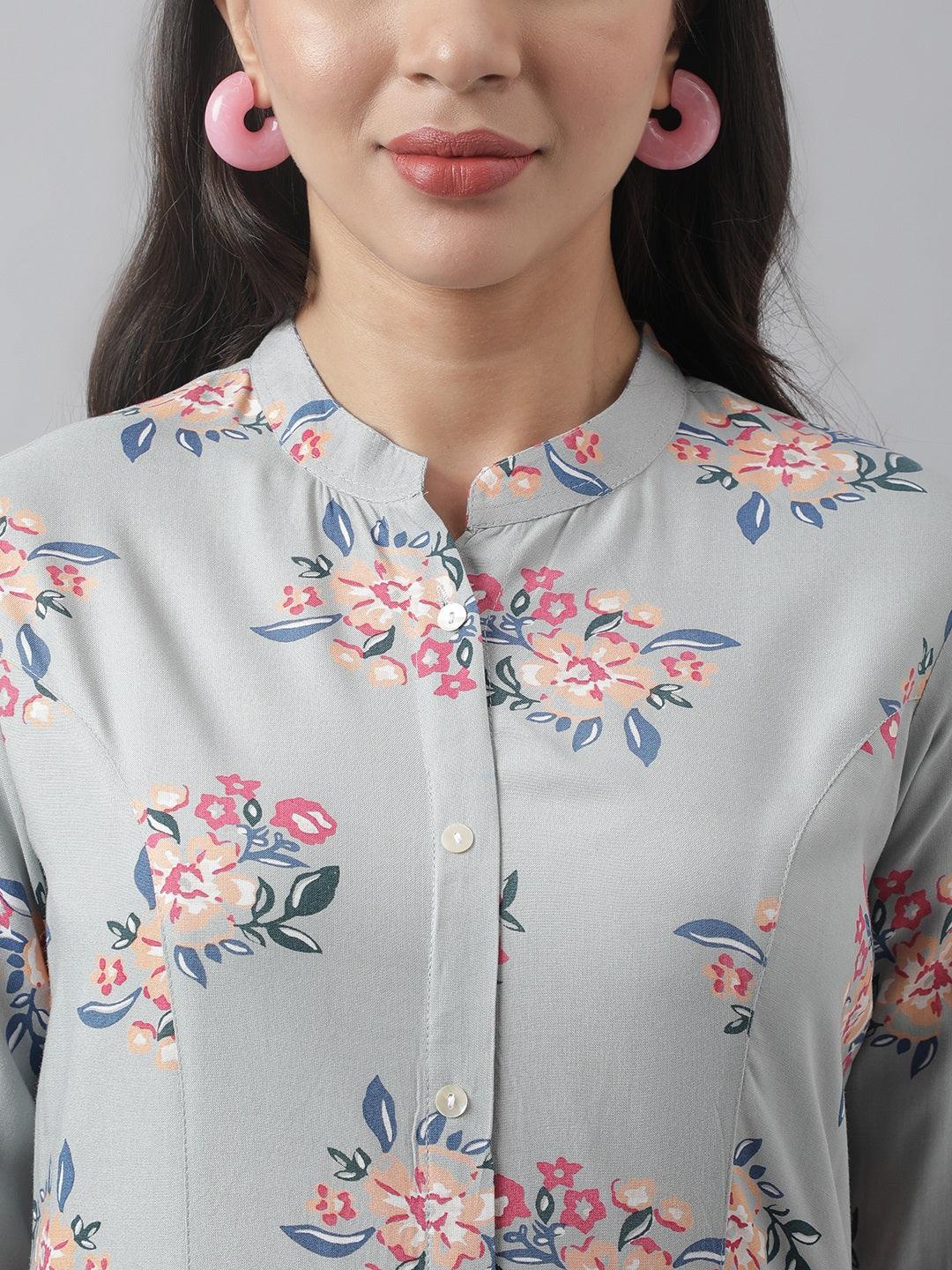  Gray Floral Printed Rayon A-line Shirt Style Top -  world