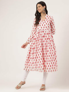 White and Red Floral Printed Angarakha Kurta