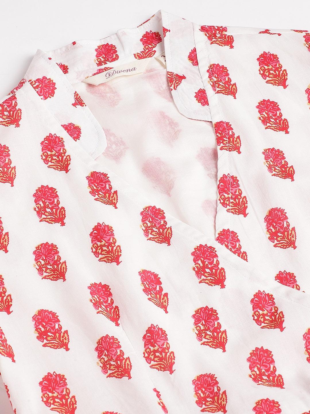  White and Red Floral Printed Angarakha Kurta -  world