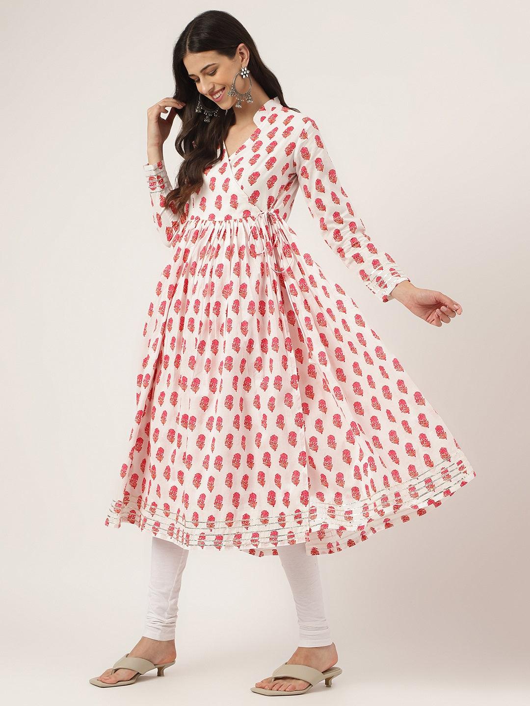  White and Red Floral Printed Angarakha Kurta -  world