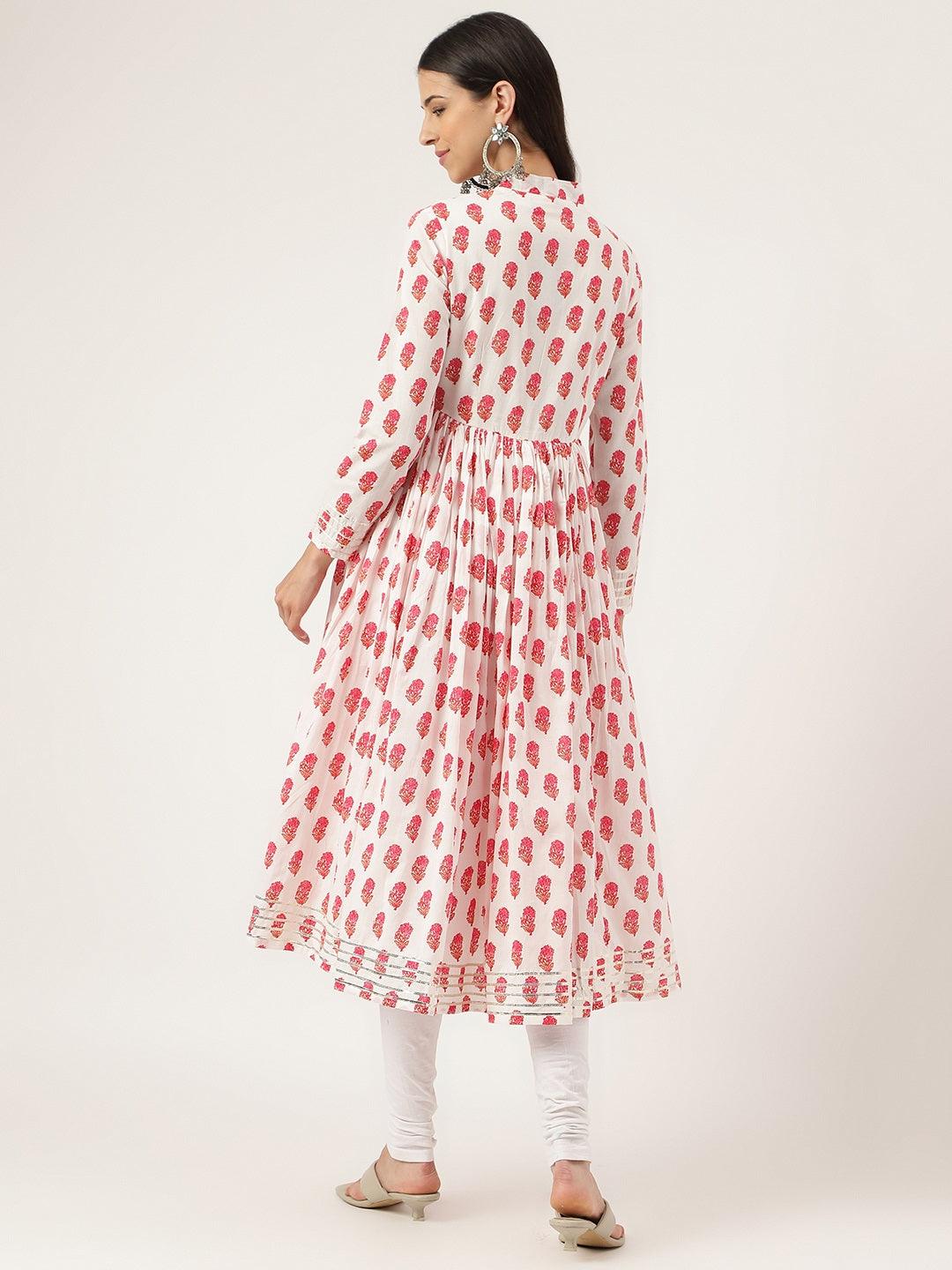  White and Red Floral Printed Angarakha Kurta -  world