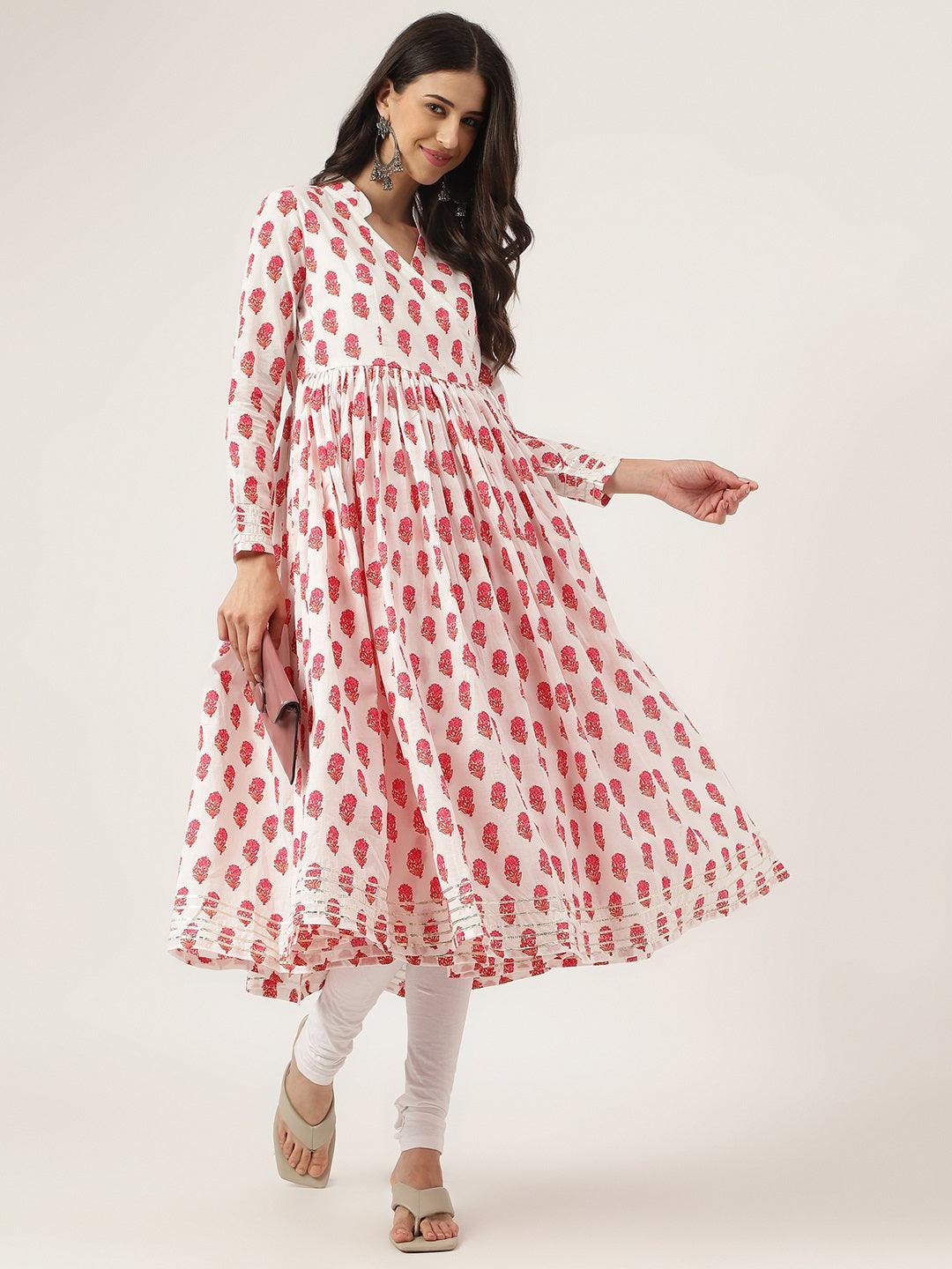  White and Red Floral Printed Angarakha Kurta -  world
