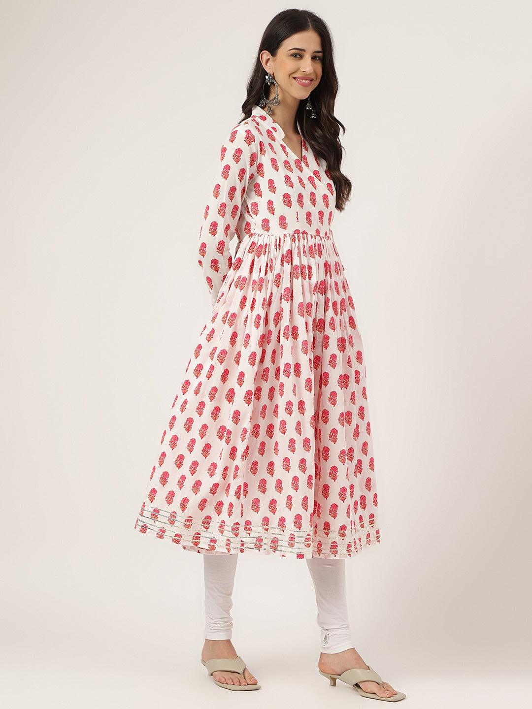  White and Red Floral Printed Angarakha Kurta -  world