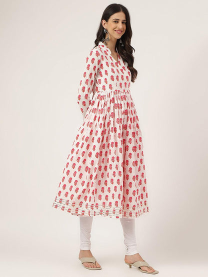  White and Red Floral Printed Angarakha Kurta -  world