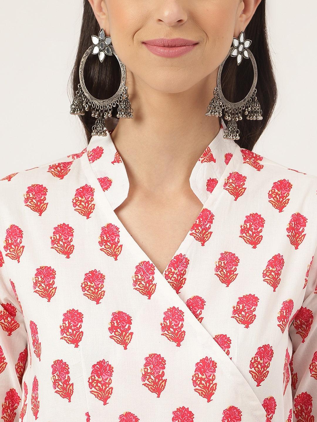  White and Red Floral Printed Angarakha Kurta -  world